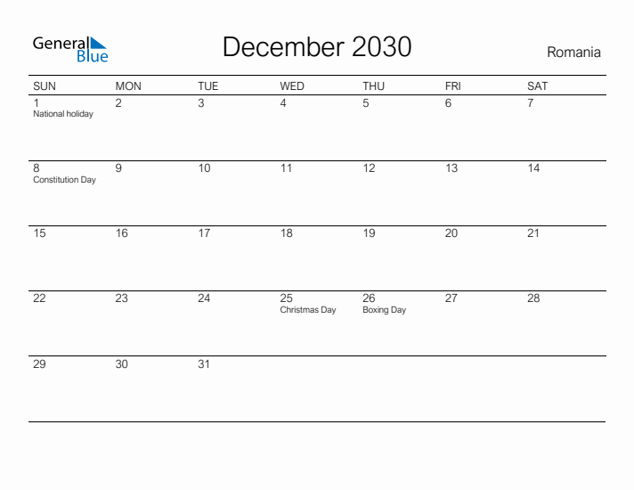 Printable December 2030 Calendar for Romania