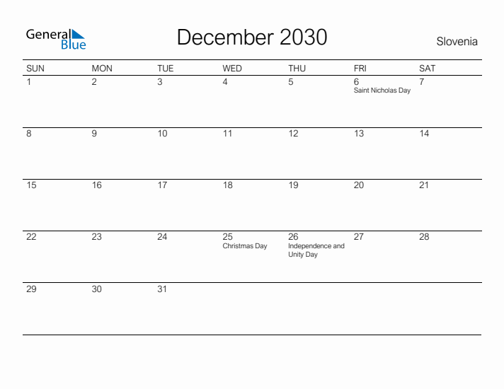 Printable December 2030 Calendar for Slovenia