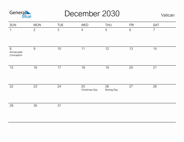 Printable December 2030 Calendar for Vatican