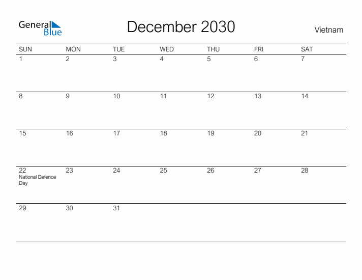 Printable December 2030 Calendar for Vietnam