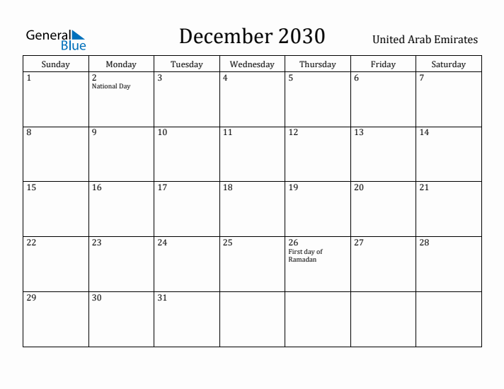 December 2030 Calendar United Arab Emirates