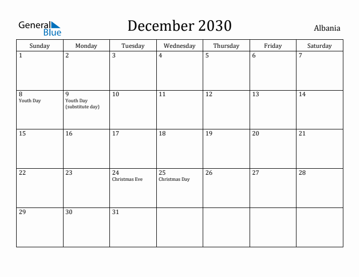 December 2030 Calendar Albania