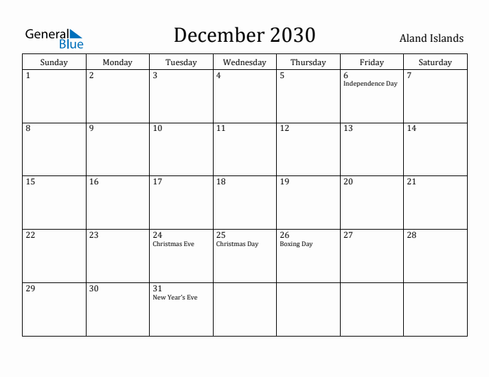 December 2030 Calendar Aland Islands