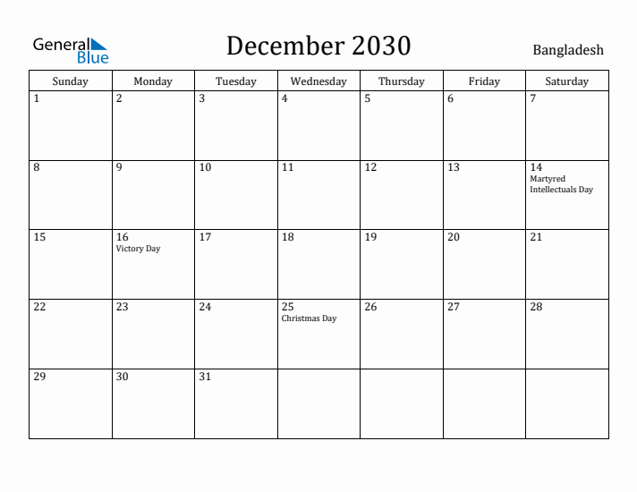 December 2030 Calendar Bangladesh