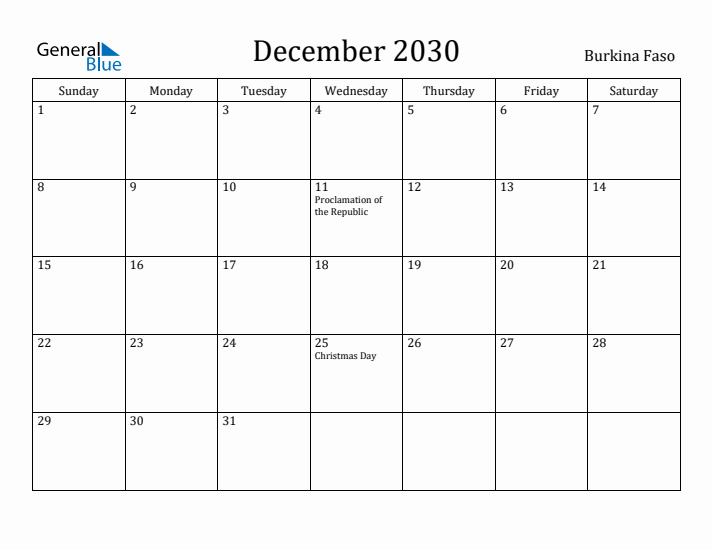 December 2030 Calendar Burkina Faso