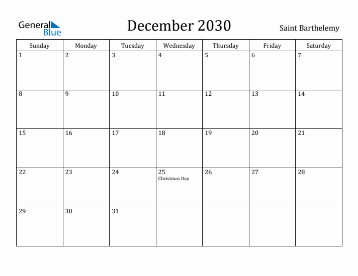 December 2030 Calendar Saint Barthelemy