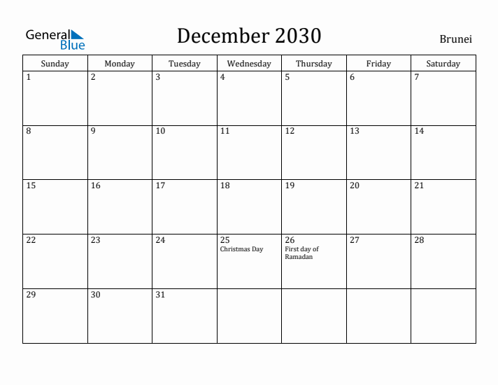 December 2030 Calendar Brunei