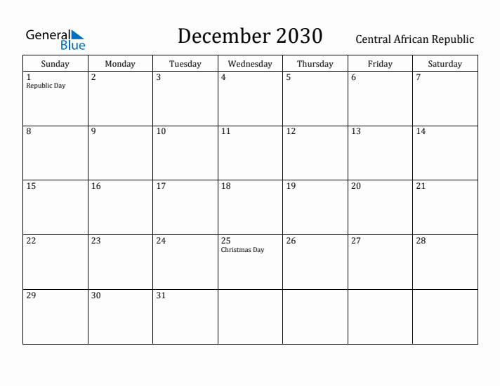 December 2030 Calendar Central African Republic