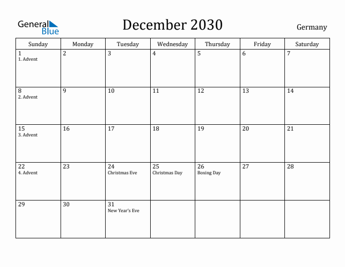 December 2030 Calendar Germany