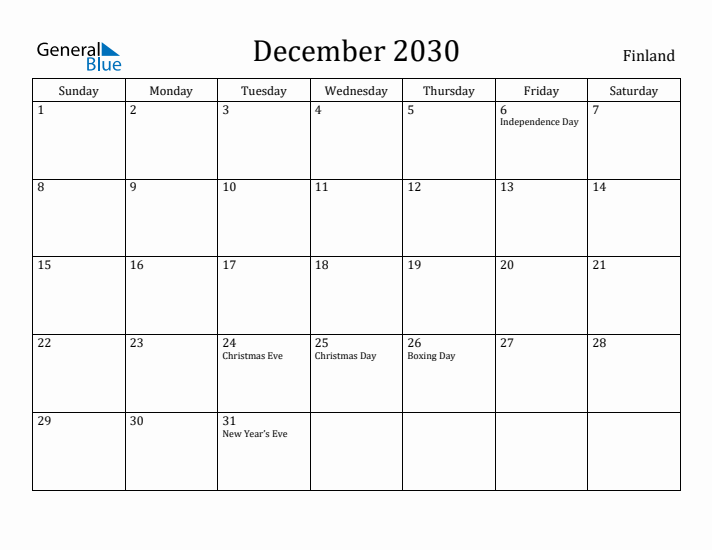 December 2030 Calendar Finland