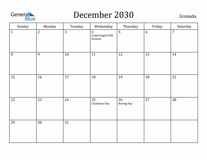 December 2030 Calendar Grenada