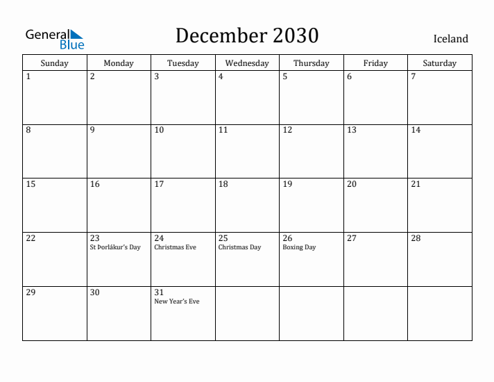 December 2030 Calendar Iceland