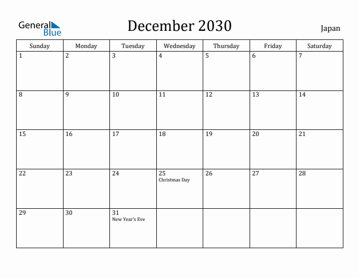 December 2030 Calendar Japan