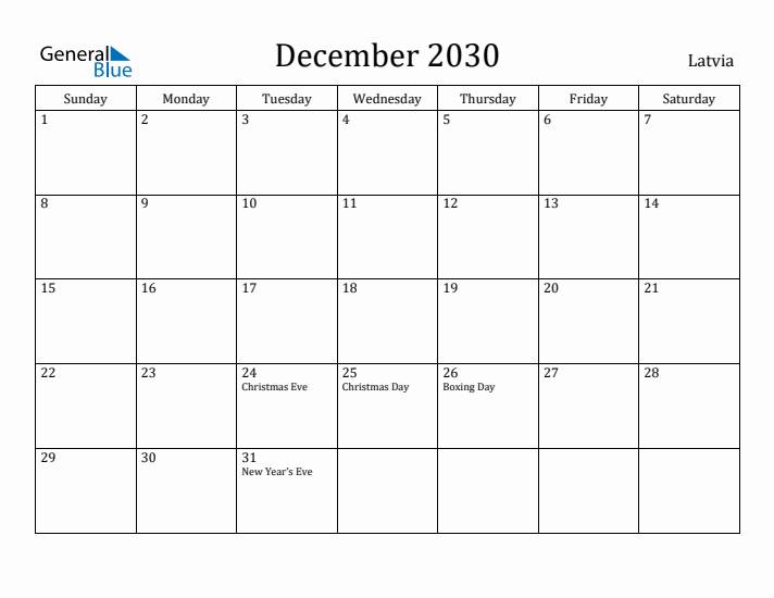 December 2030 Calendar Latvia