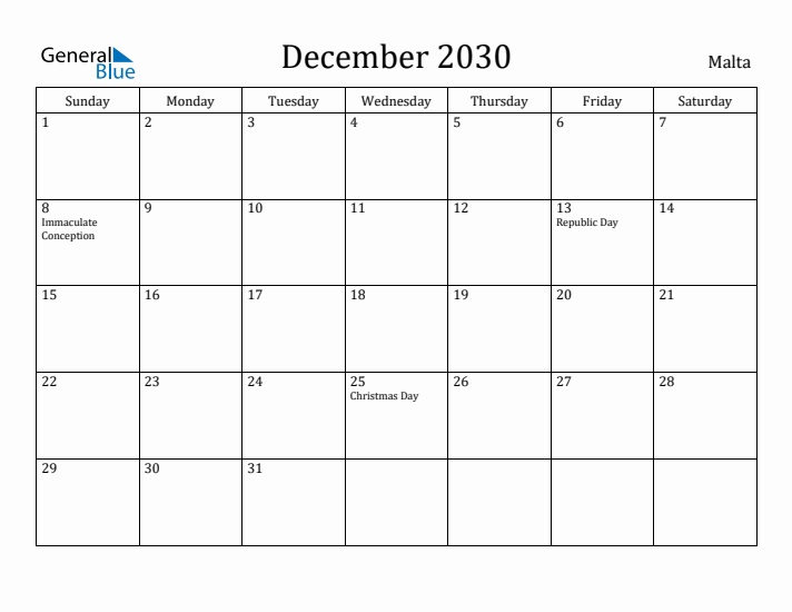 December 2030 Calendar Malta