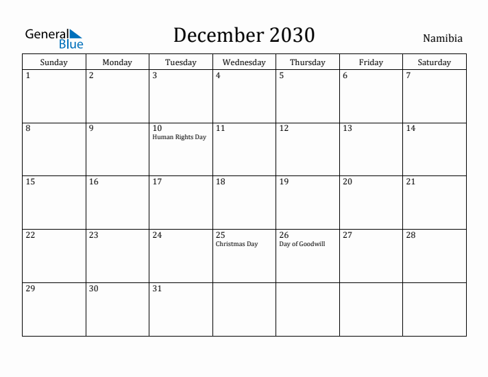 December 2030 Calendar Namibia