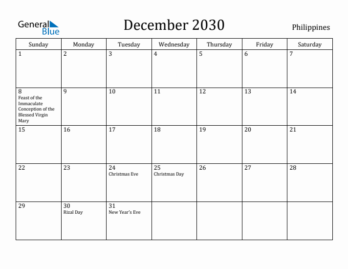 December 2030 Calendar Philippines