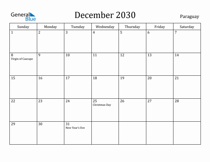 December 2030 Calendar Paraguay