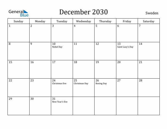 December 2030 Calendar Sweden
