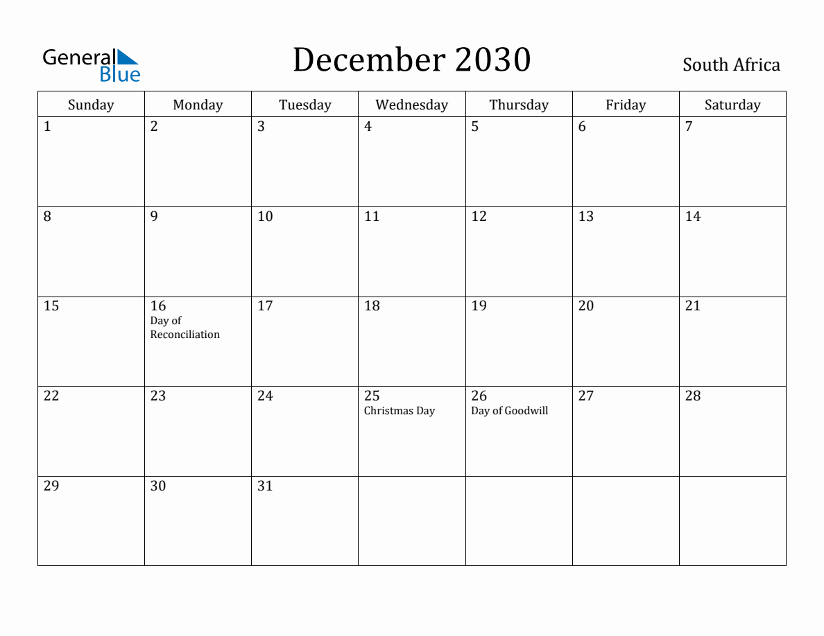 December 2030 Monthly Calendar with South Africa Holidays