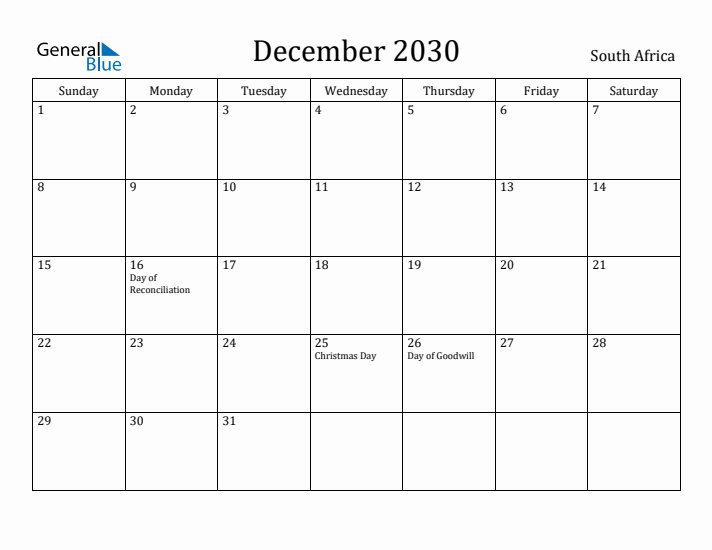 December 2030 Monthly Calendar with South Africa Holidays