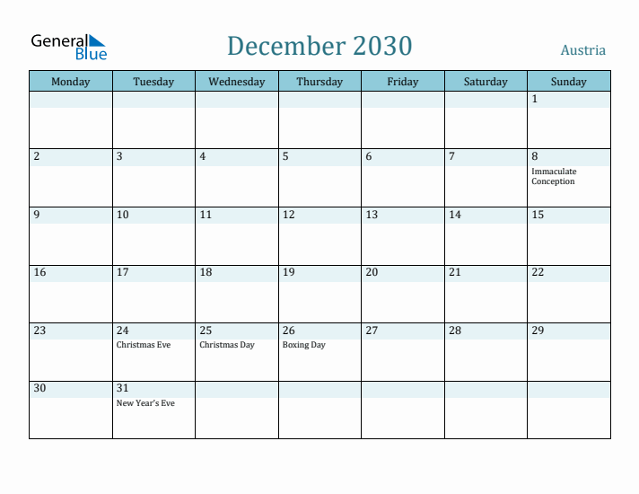 December 2030 Calendar with Holidays