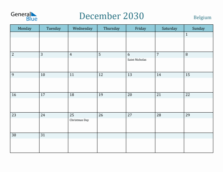 December 2030 Calendar with Holidays