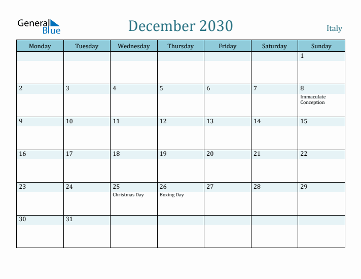 December 2030 Calendar with Holidays