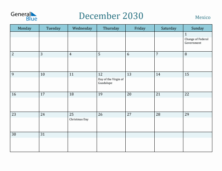 December 2030 Calendar with Holidays
