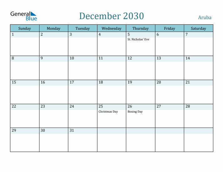 December 2030 Calendar with Holidays