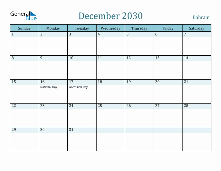 December 2030 Calendar with Holidays