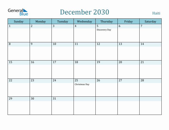 December 2030 Calendar with Holidays