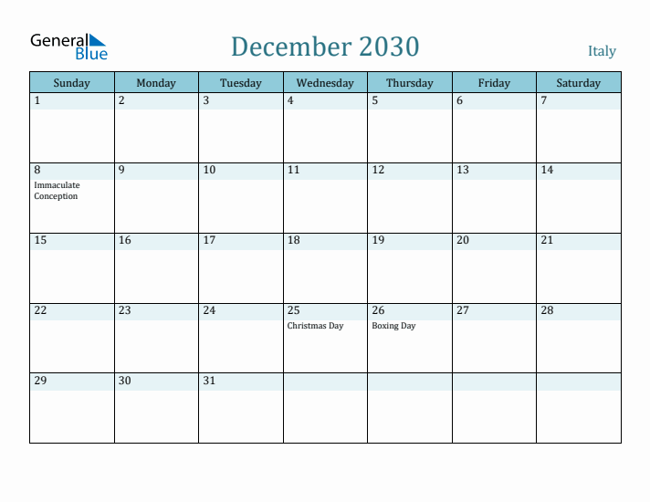 December 2030 Calendar with Holidays