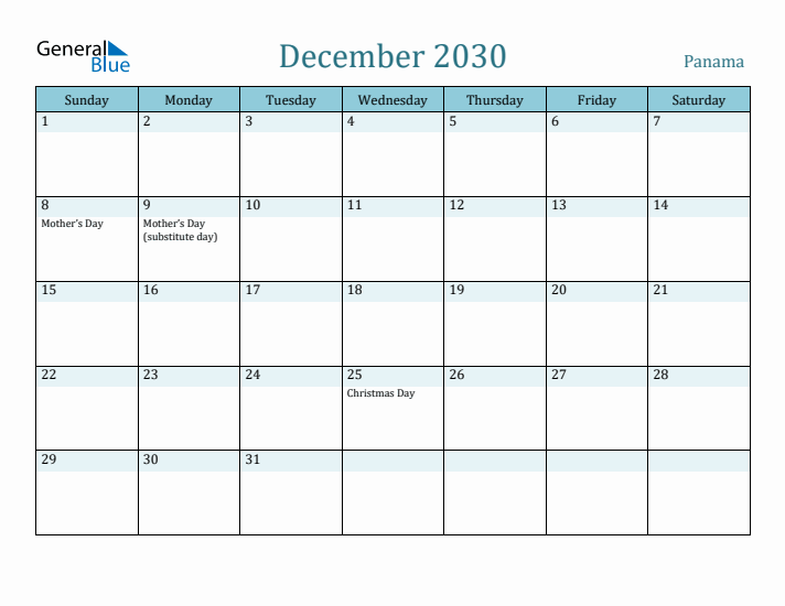 December 2030 Calendar with Holidays