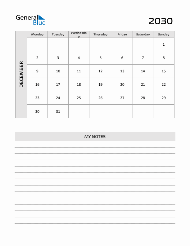 December 2030 Printable Monthly Calendar with Notes