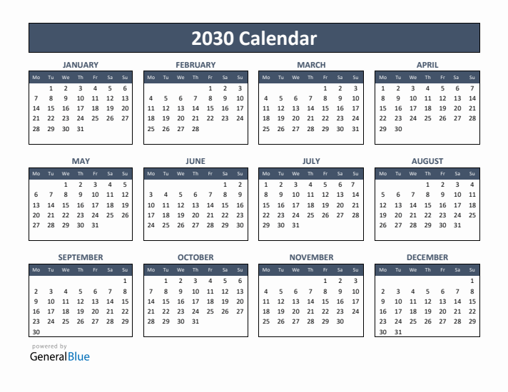 Basic Annual Calendar for Year 2030