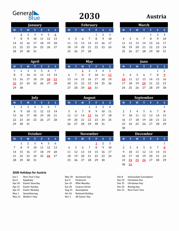 2030 Austria Holiday Calendar