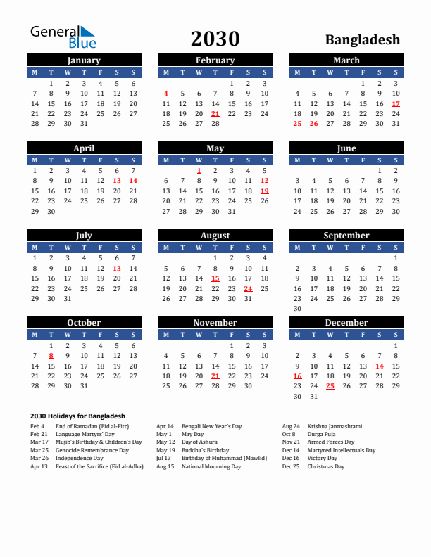 2030 Bangladesh Holiday Calendar