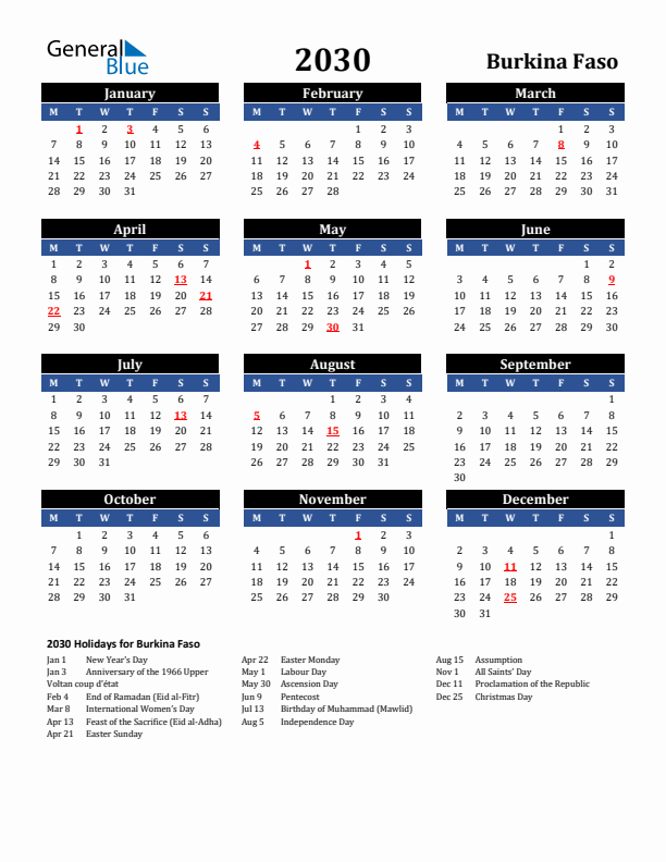 2030 Burkina Faso Holiday Calendar