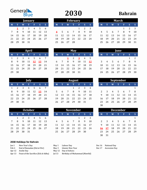 2030 Bahrain Holiday Calendar