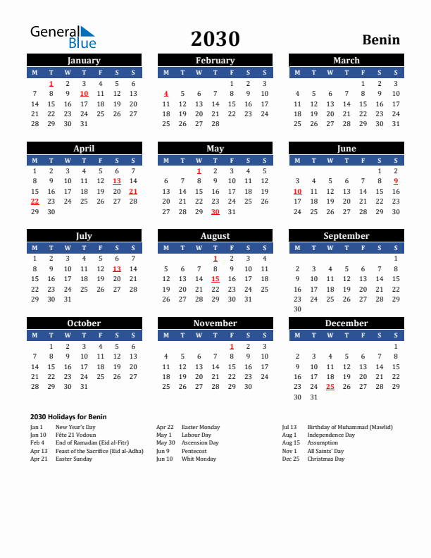 2030 Benin Holiday Calendar