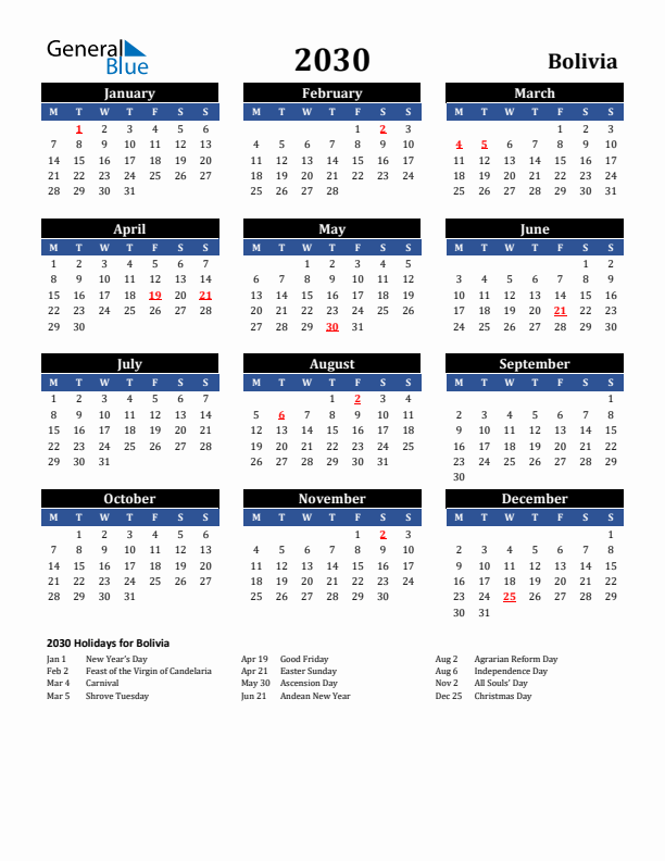 2030 Bolivia Holiday Calendar