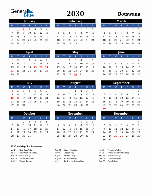 2030 Botswana Holiday Calendar