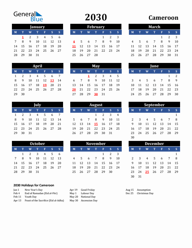 2030 Cameroon Holiday Calendar