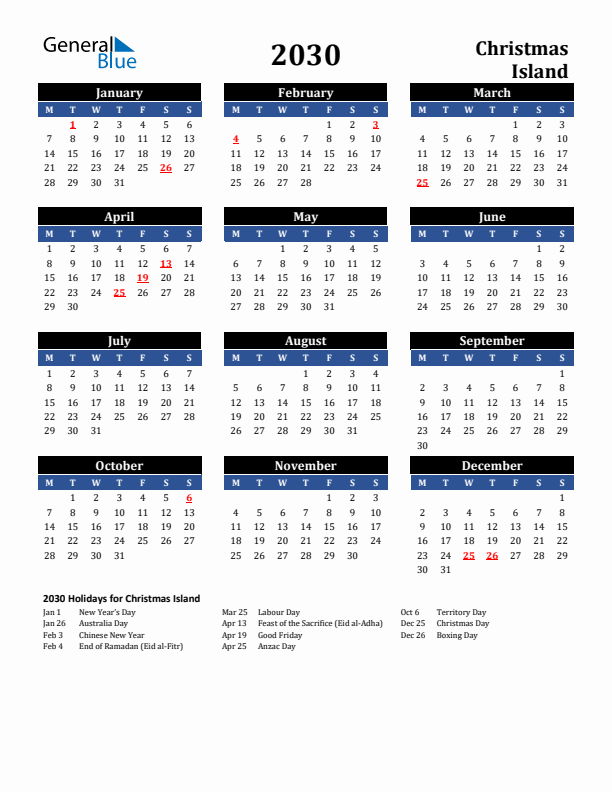 2030 Christmas Island Holiday Calendar