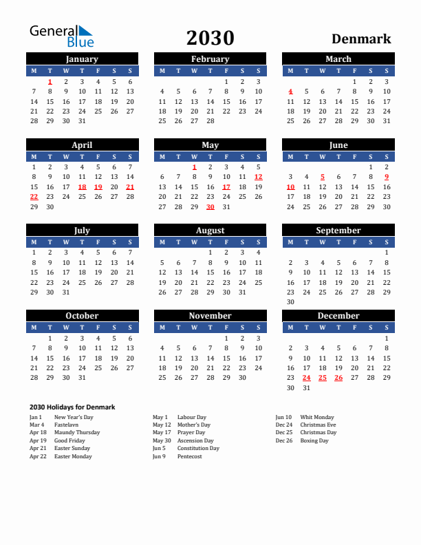 2030 Denmark Holiday Calendar