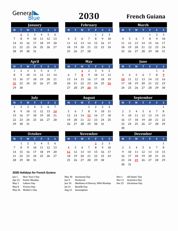 2030 French Guiana Holiday Calendar