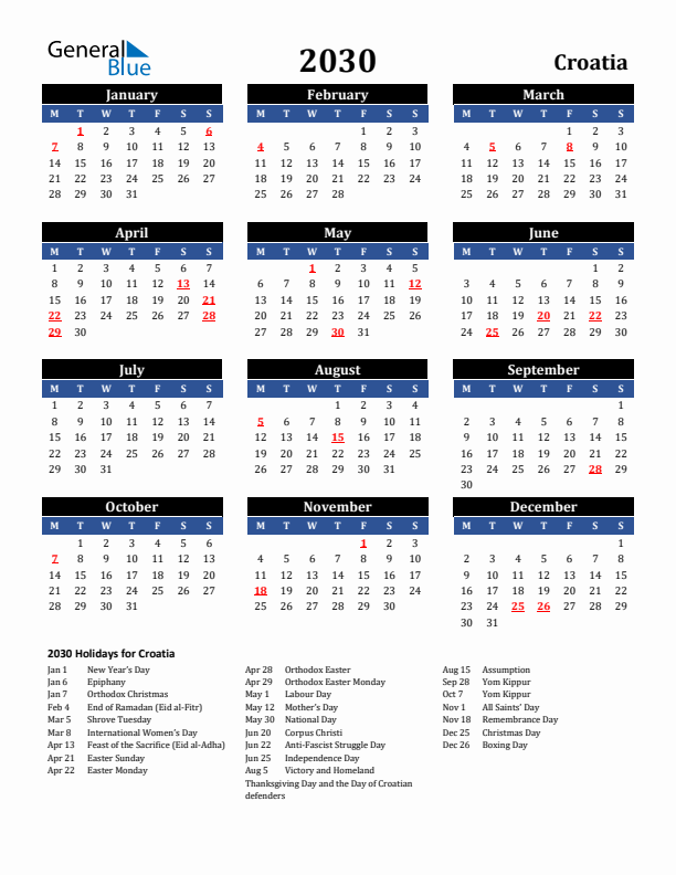 2030 Croatia Holiday Calendar