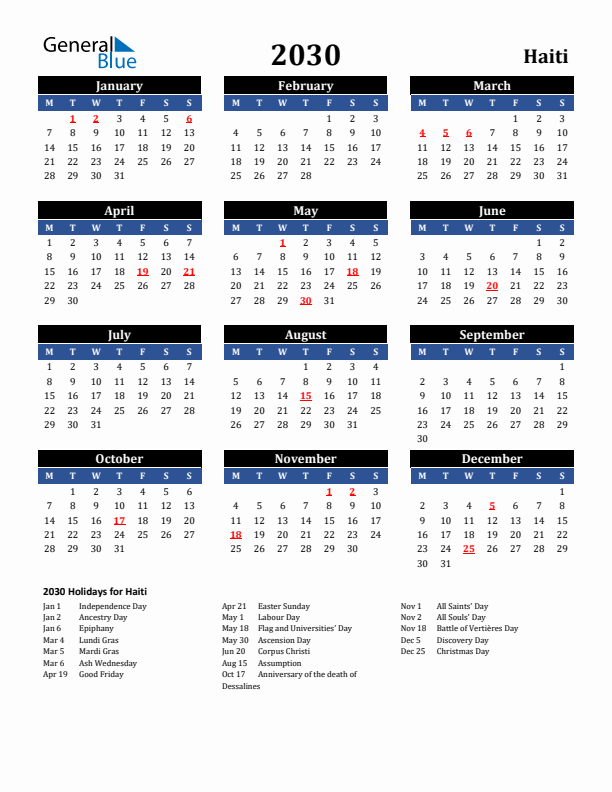 2030 Haiti Holiday Calendar