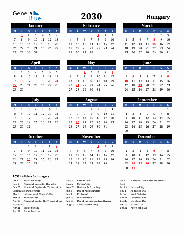 2030 Hungary Holiday Calendar